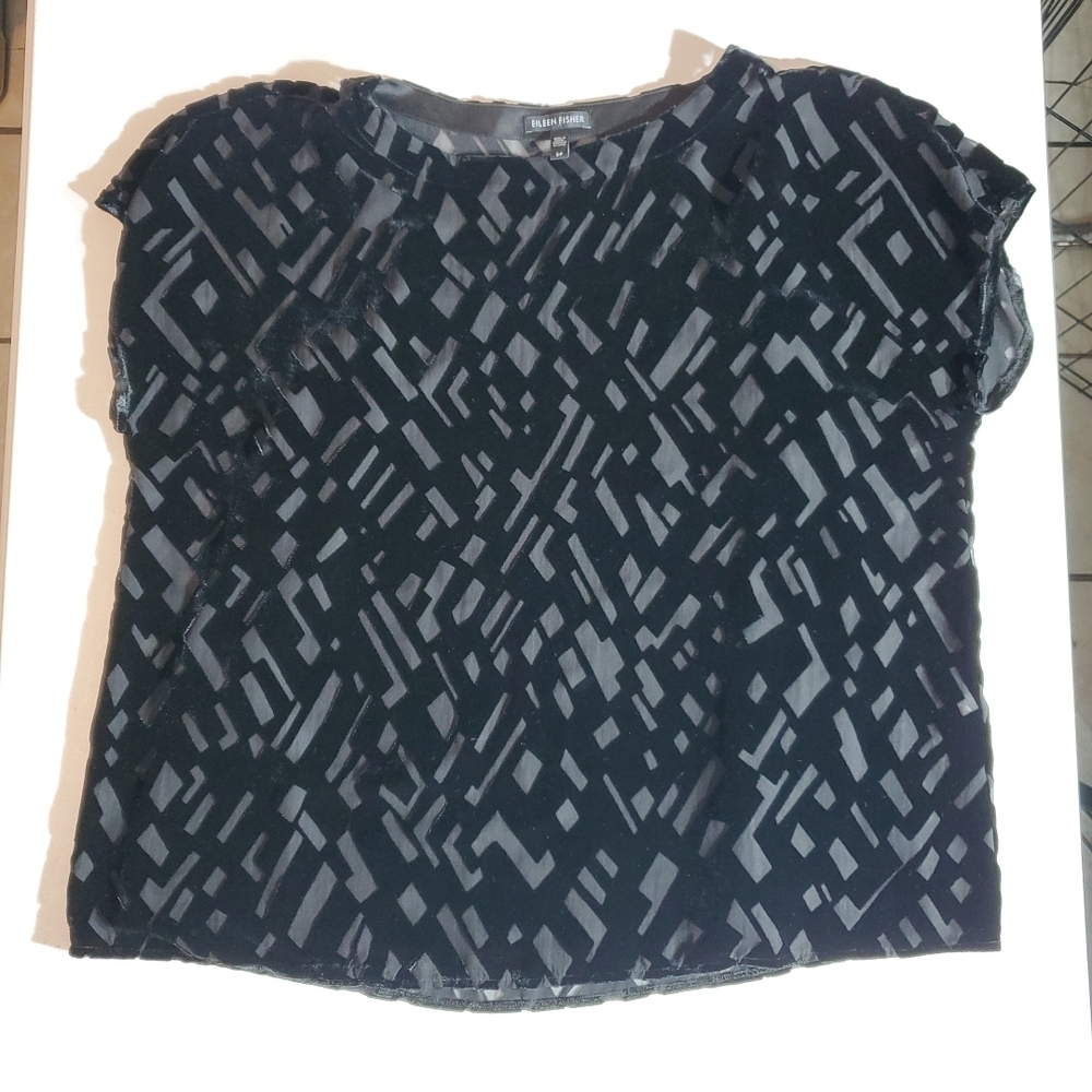 Eileen Fisher Sm 100% Silk Black Velvet Geometric Coctail Party Blouse